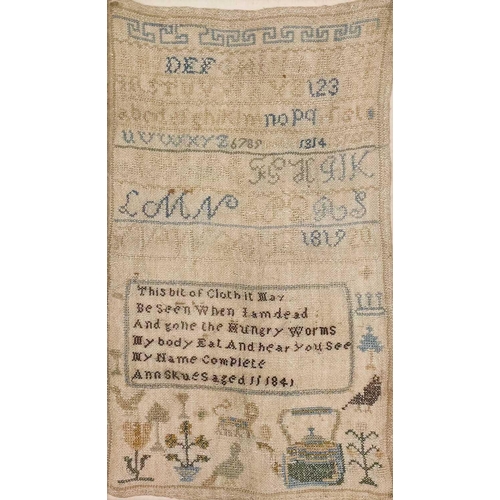 187 - A 19th century sampler. By Ann Skues aged 11 dated 1841, 40cm x 24cm, together with another sampler ... 