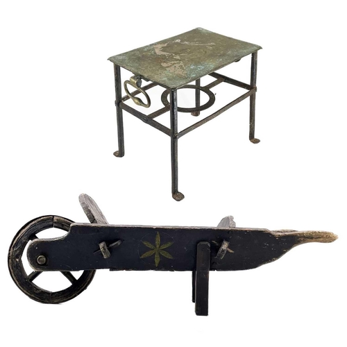 195 - A late Victorian child's painted wheelbarrow. With iron bound wheel, length 82cm, together with a Ge... 