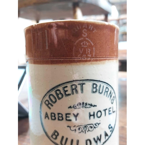 202 - A Victorian stoneware quart mug. With printed inscription 'Robert Burns Abbey Hotel Buildwas', with ... 