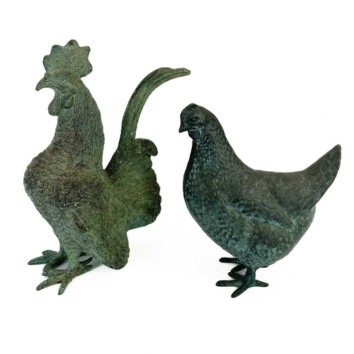 225 - A bronze model of a cockerel. Height 29cm together with a bronze model of a hen. (2)