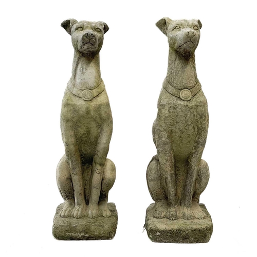 234 - A pair of reconstituted stone figures of whippets. Height 75cm, width 23cm, depth 27cm.