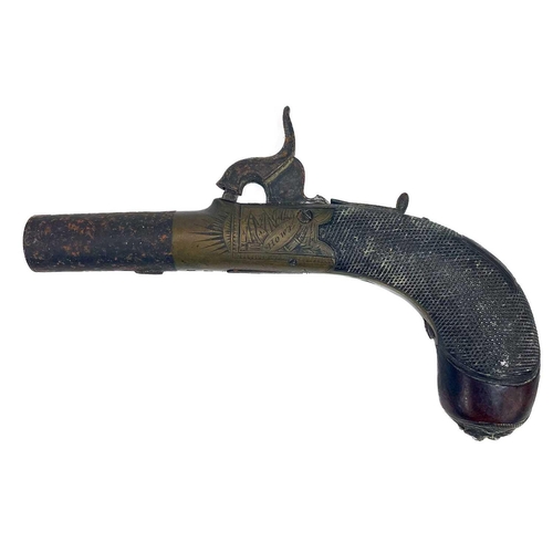 236 - A pocket percussion pistol by Howe, Colchester. With 4.7cm turn-off barrel, chequered walnut grip an... 