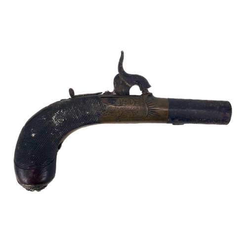 236 - A pocket percussion pistol by Howe, Colchester. With 4.7cm turn-off barrel, chequered walnut grip an... 