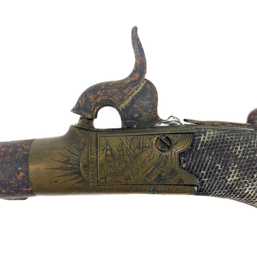 236 - A pocket percussion pistol by Howe, Colchester. With 4.7cm turn-off barrel, chequered walnut grip an... 