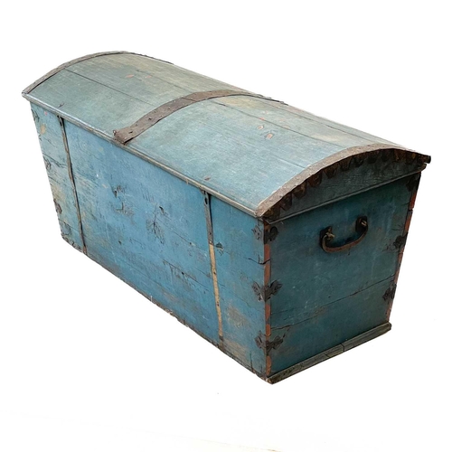 237 - A Swedish blue painted dome top oak marriage trunk. Initialled and dated 1866, with floral painted g... 