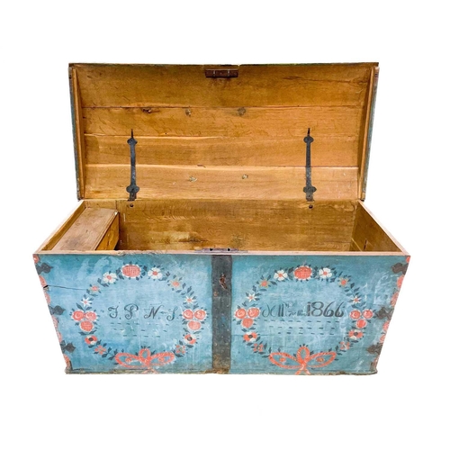 237 - A Swedish blue painted dome top oak marriage trunk. Initialled and dated 1866, with floral painted g... 