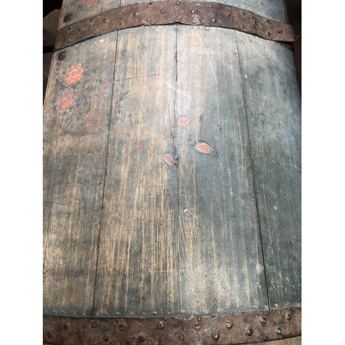 237 - A Swedish blue painted dome top oak marriage trunk. Initialled and dated 1866, with floral painted g... 