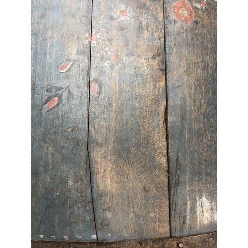 237 - A Swedish blue painted dome top oak marriage trunk. Initialled and dated 1866, with floral painted g... 