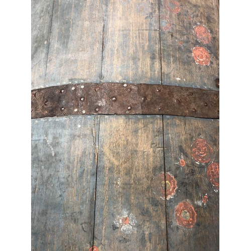 237 - A Swedish blue painted dome top oak marriage trunk. Initialled and dated 1866, with floral painted g... 