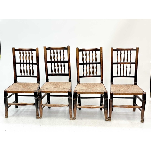 242 - Four 19th century ash Lancashire chairs. With rush seats, height 100cm width 46cm depth 40cm. (4)