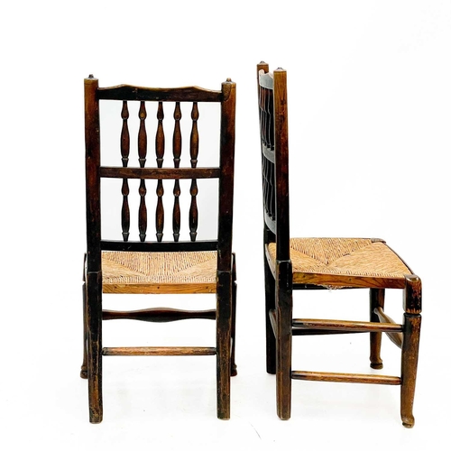 242 - Four 19th century ash Lancashire chairs. With rush seats, height 100cm width 46cm depth 40cm. (4)