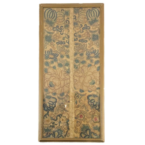 255 - A section of a silk work panel. 17th century, worked with flowers, gourds and foliage, 46.5X20.5cm, ... 