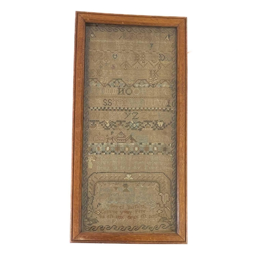 262 - A George III woolwork and silk sampler. Dated 1780, and worked by Phillis Ba??? with alphabet, verse... 