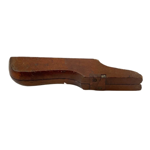 266 - A late Victorian mahogany folding boot jack. With a pair of steel boot/button hooks within fitted re... 