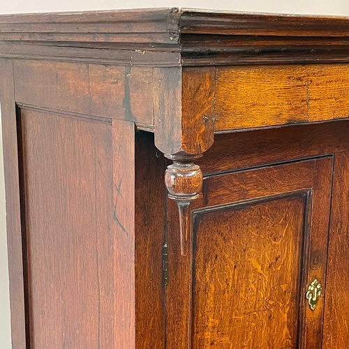 3 - A late George III Welsh oak cupboard Deuddarn The cornice with drop finials above two doors, the pro... 