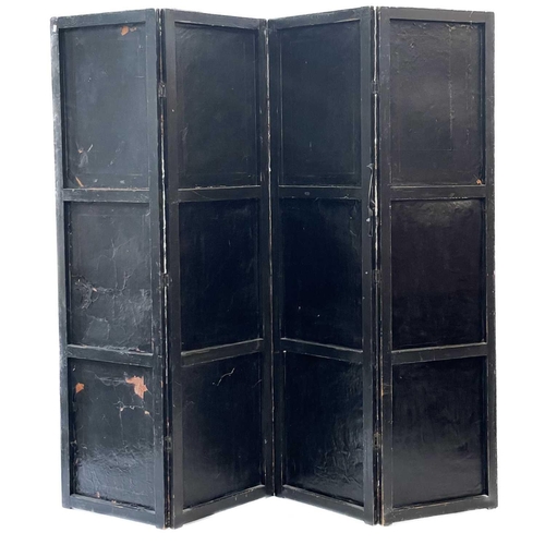 5 - A painted leather four-fold screen Early 19th century, each panel painted a flower filled urn, with ... 