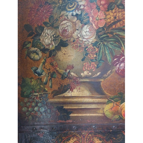 5 - A painted leather four-fold screen Early 19th century, each panel painted a flower filled urn, with ... 