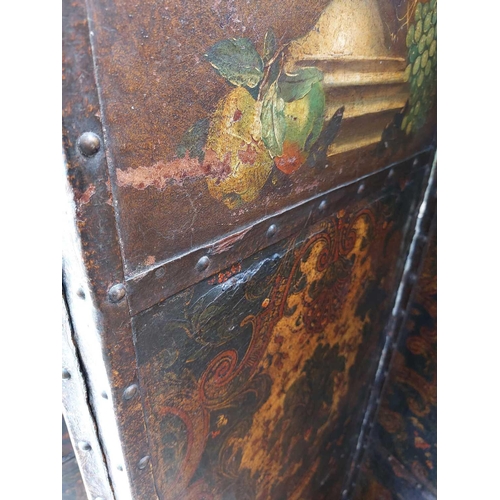 5 - A painted leather four-fold screen Early 19th century, each panel painted a flower filled urn, with ... 