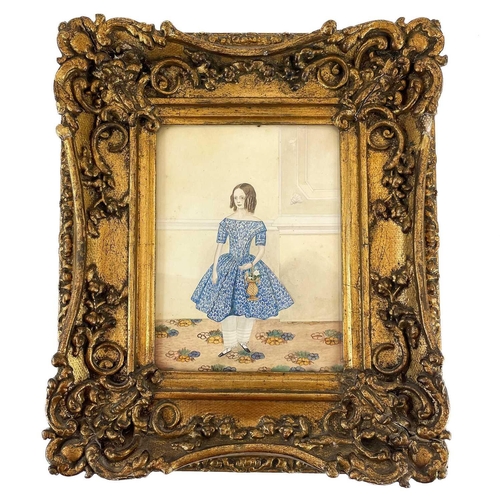 51 - English School, circa 1850. Portrait of a young girl in a blue foliate dress, watercolour, 20.5X15.5... 