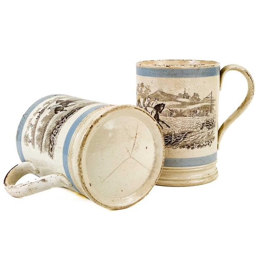 53 - A pair of Pearlware equestrian Porter mugs. Printed in sepia with horse racing scenes, within blue b... 