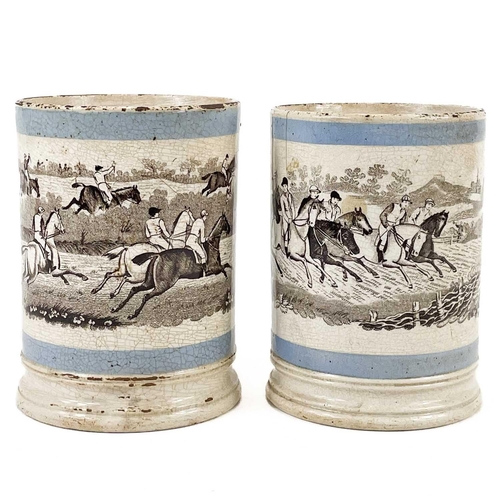 53 - A pair of Pearlware equestrian Porter mugs. Printed in sepia with horse racing scenes, within blue b... 