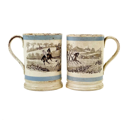 53 - A pair of Pearlware equestrian Porter mugs. Printed in sepia with horse racing scenes, within blue b... 