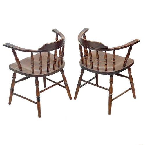 59 - A pair of beech and ash smokers bow style elbow chairs. Probably American, circa 1950, with turned s... 