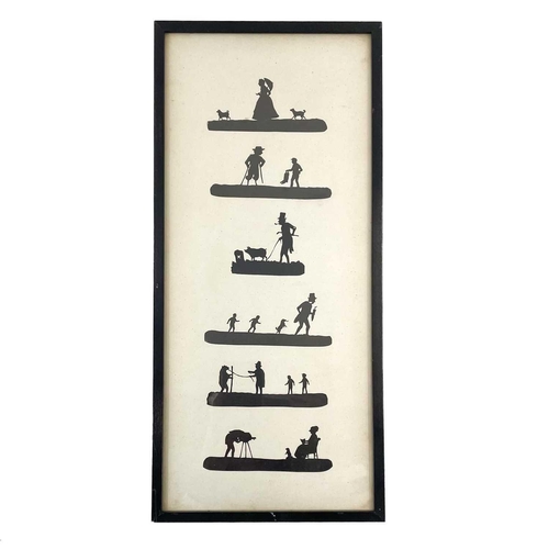 63 - A Victorian cut paper silhouette picture. Depicting characters at various pursuits, including a phot... 