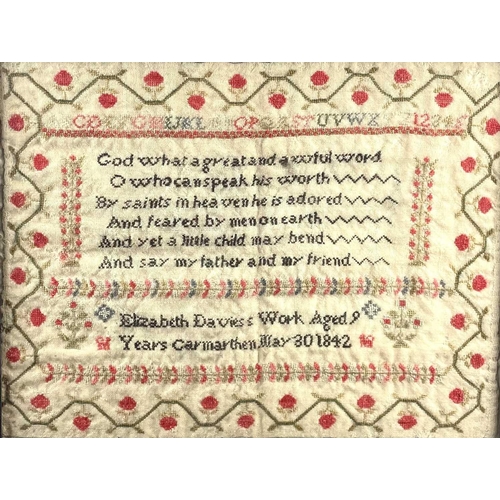 74 - Two early Victorian Welsh wool samplers, by The Davies sisters, Carmarthen. The first by Elizabeth, ... 