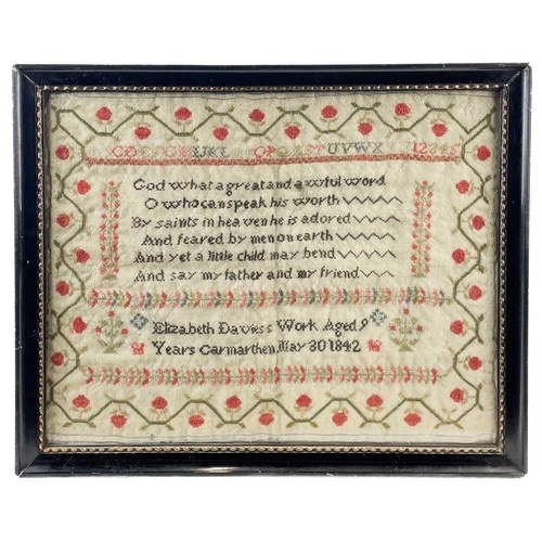 74 - Two early Victorian Welsh wool samplers, by The Davies sisters, Carmarthen. The first by Elizabeth, ... 