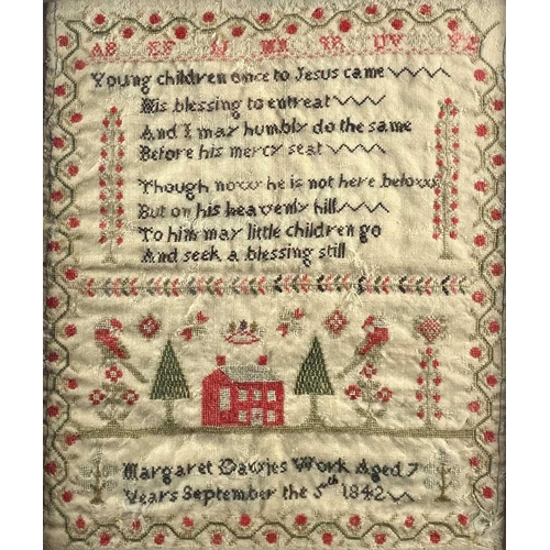 74 - Two early Victorian Welsh wool samplers, by The Davies sisters, Carmarthen. The first by Elizabeth, ... 