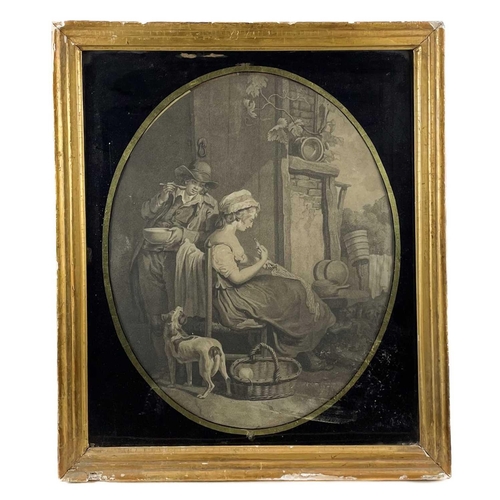 91 - A stipple engraving of a lady knitting. In a verre eglosime glazed frame, together with a print afte... 