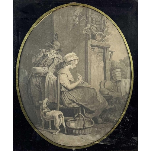 91 - A stipple engraving of a lady knitting. In a verre eglosime glazed frame, together with a print afte... 