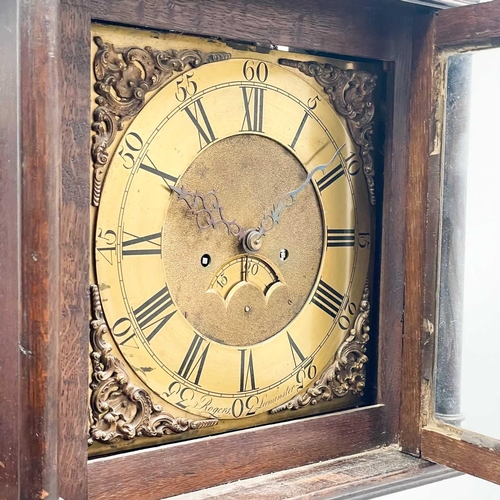 94 - An oak eight-day longcase clock. The 29cm square brass dial signed Rogers, Leominster, with calendar... 