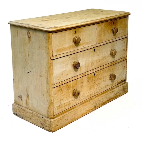 95 - A 19th century pine chest of drawers. With two short and two short drawers on a plinth base, height ... 