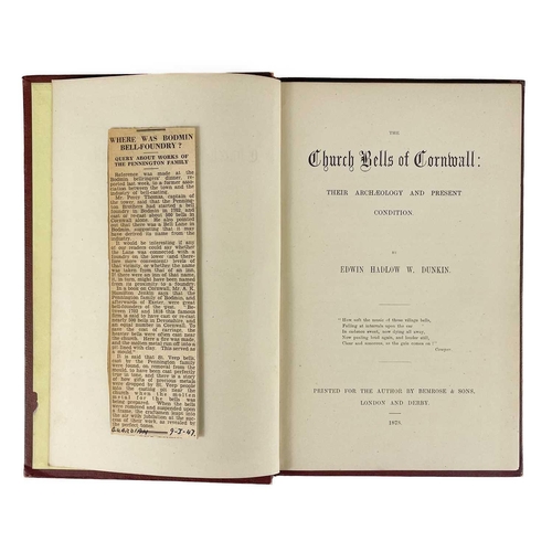 171 - Edwin Hadlow Dunkin The Church Bells of Cornwall - Their Archaeology and present condition. Printed ... 