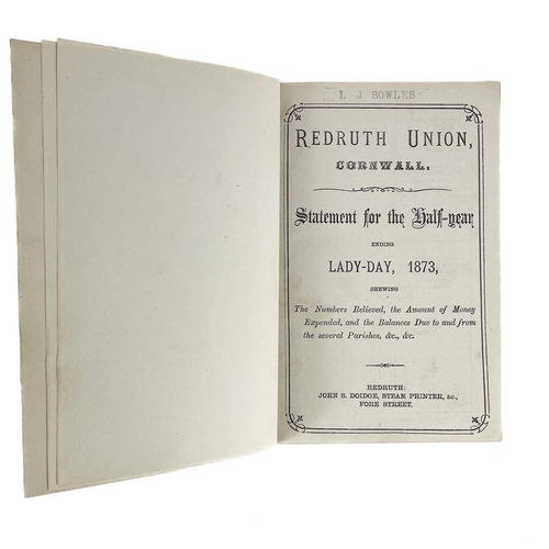 177 - 'Redruth Union, Cornwall,' 1873. 'Statement for the Half Year Ending Lady-Day, 1873, Shewing the Num... 