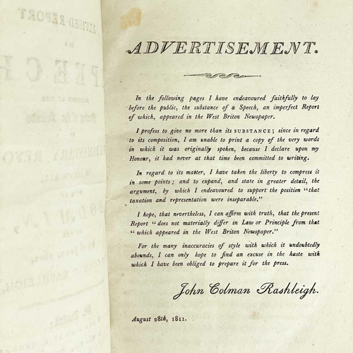 298 - John Colman Rashleigh, 1811. 'A Revised Report of a Speech Delivered at the Meeting of the Friends o... 