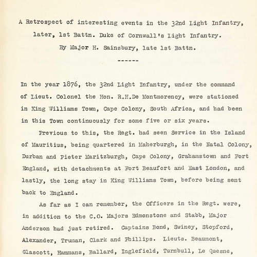 418 - Major H. Sainsbury, late 1st Battalion D. C. L. I. A retrospect of interesting events in the 32nd li... 