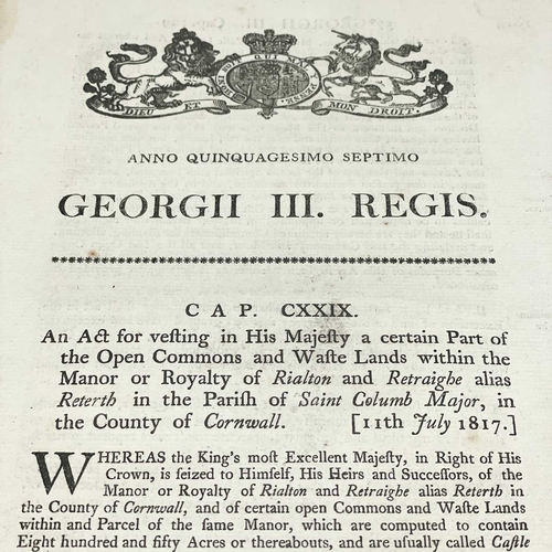 506 - St Columb Major Interest. 'An Act for Vesting His Majesty a certain Part of the Open Commons and Was... 