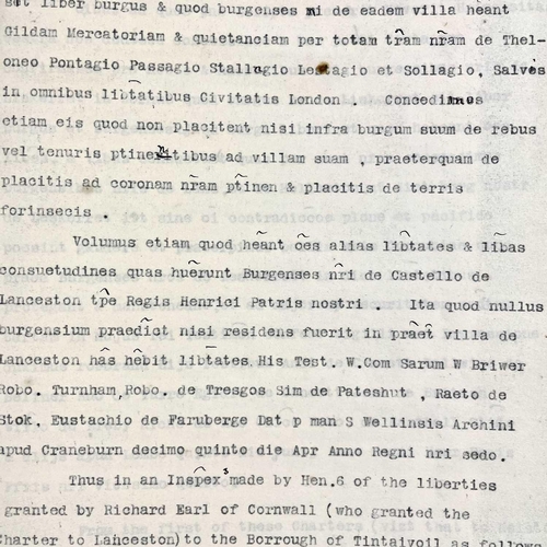 527 - Launceston interest. A typescript (Latin) with notes, and one other work. Claude H. Peter. 'Launcest... 