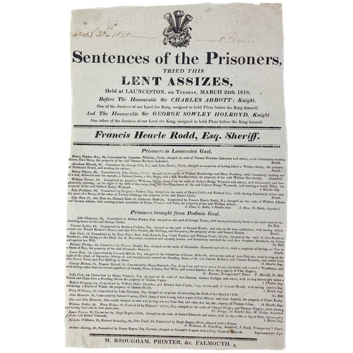 587 - 'Sentences of the Prisoners Tried at the Lent Assizes, Launceston,' 'On Saturday the 26th Day of Mar... 