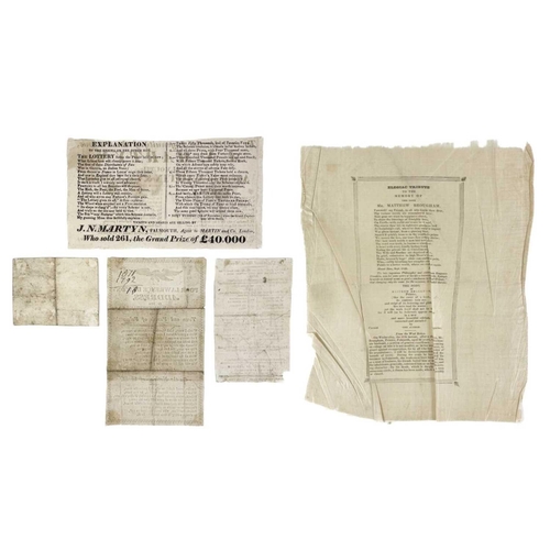 595 - Ephemera. A silk printed tribute and four others. [Matthew Brougham, Printer Falmouth]. 'Elegiac Tri... 