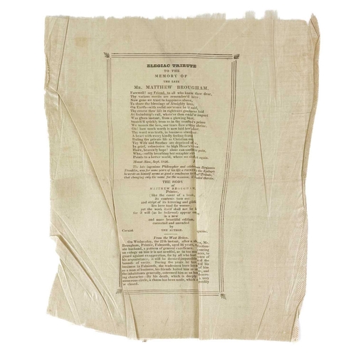 595 - Ephemera. A silk printed tribute and four others. [Matthew Brougham, Printer Falmouth]. 'Elegiac Tri... 