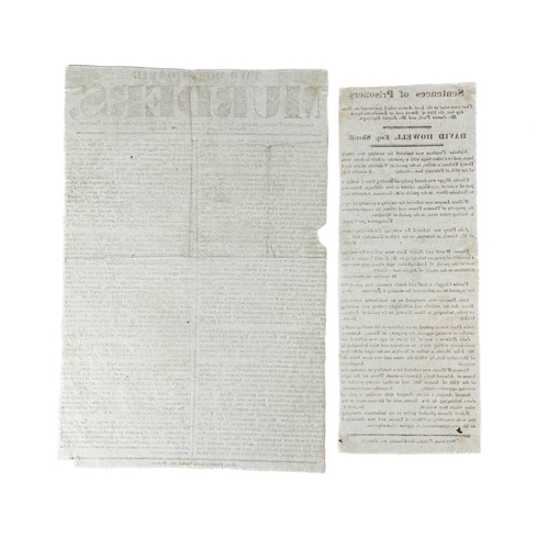 598 - Two Cornish printed broadsheets. 'Assizes' & 'Horrid Murder'. 'Sentences of Prisoners, that were tri... 