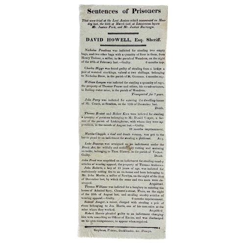 598 - Two Cornish printed broadsheets. 'Assizes' & 'Horrid Murder'. 'Sentences of Prisoners, that were tri... 