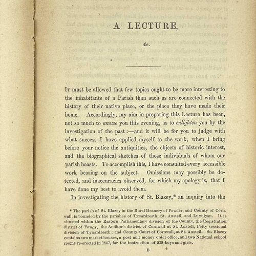 687 - Rev J. Bartlett. 'The History of the Parish of St Blazey, A Lecture'. First edition, John Blowey’s c... 