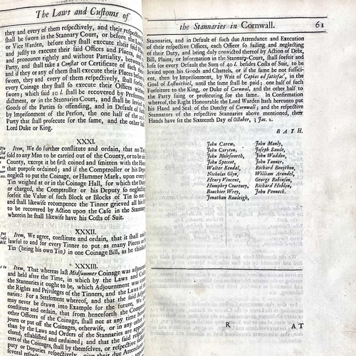 688 - Thomas Pearce. 'The Laws and Customs of the Stannaries in the Counties of Cornwall and Devon'. First... 