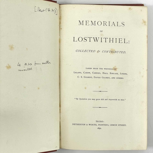 691 - Frances Margery Hext. 'Memorials of Lostwithiel'. First edition, 226 pages, loosely inserted 4 A.L.S... 