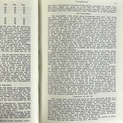 736 - T. L. Stoate. 'Cornwall Subsidies in the Reign of Henry VIII 1524 and 1543 and the Benevolence of 15... 